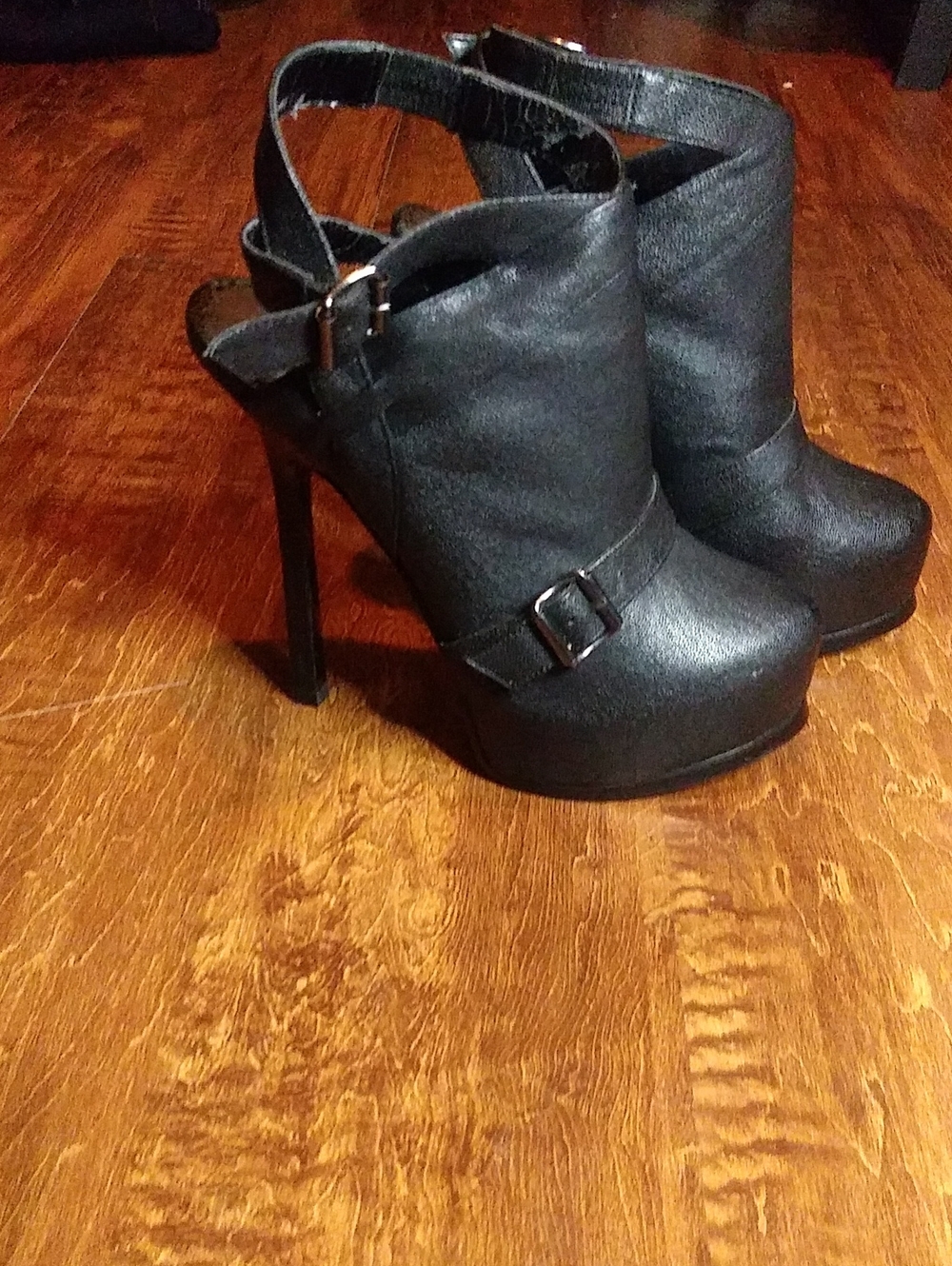 bebe Black Platform High Heel Ankle Booties with Buckle